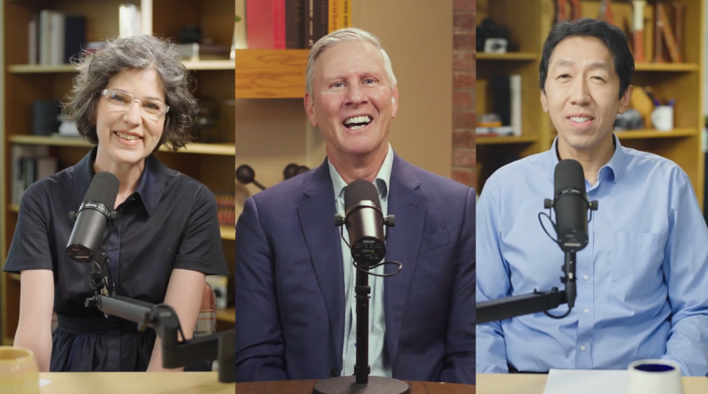 Three people sit separately in front of microphones, smiling as they participate in a podcast or interview. Each person is seated in a different setting with shelves and books in the background.